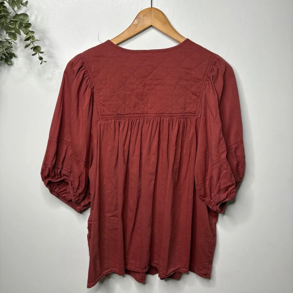 Old Navy Terracotta Red Quilted Yoke Peasant Puff Sleeve Blouse XL Tall